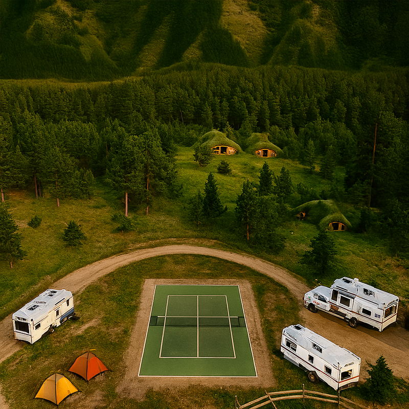 Hillside Camp interior. Domes, rainbow, and visitor grounds
