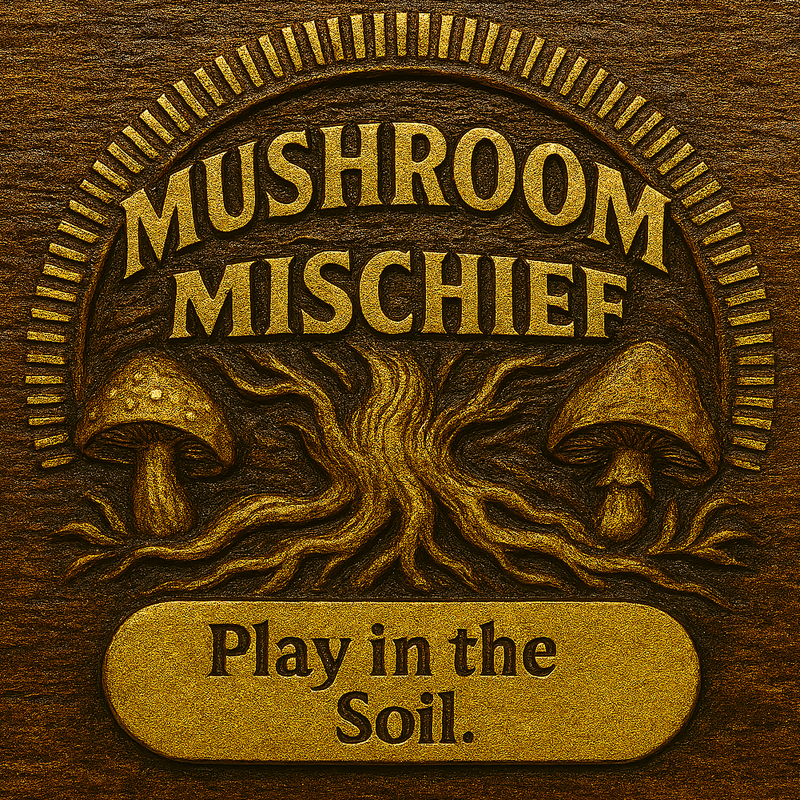 Mushroom Mischief emblem with golden rays and mushrooms